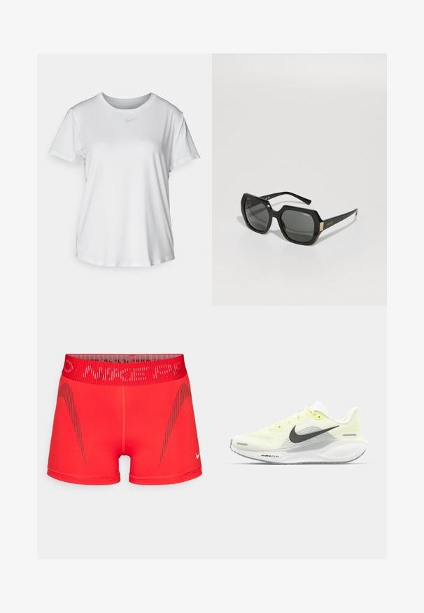 Weißes T-Shirt mit kurzen Ärmeln aus glattem Stoff, Rundhalsausschnitt und einem kleinen grauen Nike-Logo auf der Brust.; Rote Sportshorts mit angepasstem Design, elastischem Bund und grauen diagonalen Streifenakzenten. Hergestellt aus einem dehnbaren, glatten Stoff.; Nike Laufschuhe mit einem hellgelben und weißen Mesh-Obermaterial, grauen Akzenten und einer flexiblen Gummisohle. Verfügt über einen Schnürverschluss.; Schwarze Sonnenbrille mit geometrischer Form, dunklen Gläsern, dicken Fassungen und einem goldenen Akzent an den Bügeln mit dem Markennamen "Vogue."