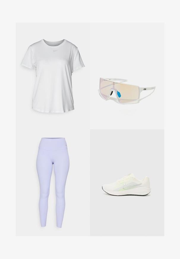 Weißes T-Shirt mit kurzen Ärmeln aus glattem Stoff, Rundhalsausschnitt und einem kleinen grauen Nike-Logo auf der Brust.; Helle lila Leggings mit hohem Bund, gefertigt aus dehnbarem Material. Glatte Oberfläche ohne sichtbare Muster oder Hardware-Details.; Nike Performance DOWNSHIFTER 13 - Laufschuh Straße - sail/silver-coloured photon dust/summit white/barely volt/black; Weiß gerahmte Sonnenbrillen mit großen, verlaufenden Gläsern, die von einem rosa bis hellorange Farbverlauf reichen, akzentuiert durch ein blaues Nasenstück und ein Logo-Detail.