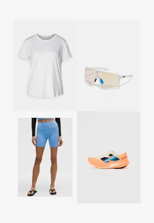 T-shirt bianco a maniche corte realizzato in tessuto liscio, con scollatura tonda e un piccolo logo grigio Nike sul petto.; Shorts sportivi azzurro chiaro realizzati in materiale liscio e elastico. Presentano una vita alta e un design aderente, abbinati a ciabatte nere.; Scarpa da corsa con una parte superiore leggera color crema, marchio blu e accenti arancioni sulla suola. Tessuto in rete per la traspirabilità.; Occhiali da sole con montatura bianca e grandi lenti sfumate che vanno dal rosa a un arancione chiaro, accentuati da un pezzo nasale blu e dettagli con logo.