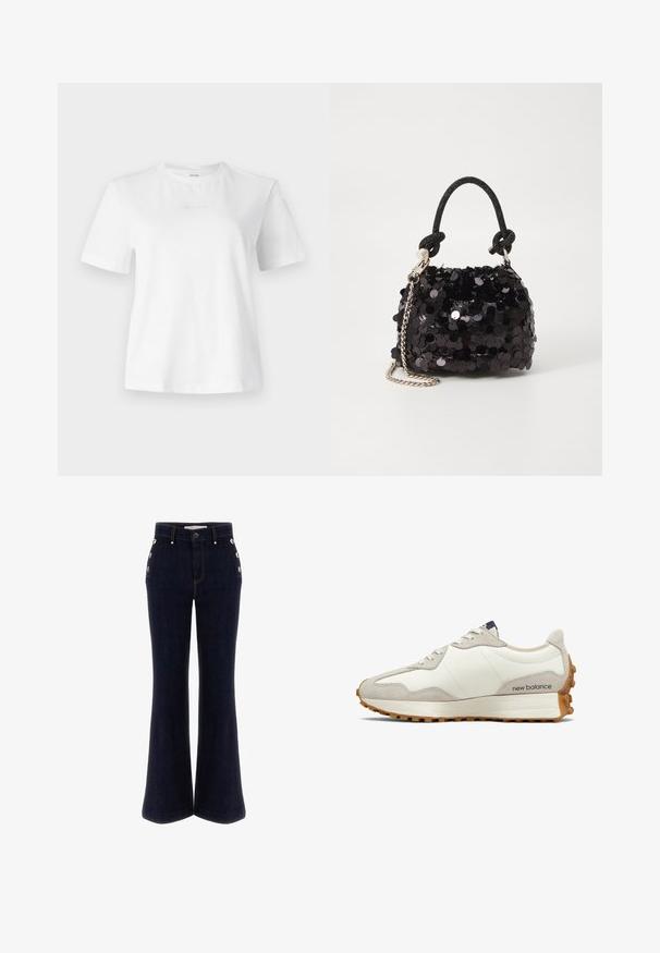 Weißes Baumwoll-T-Shirt mit kurzen Ärmeln, Rundhalsausschnitt und einem dezenten, geprägten Calvin Klein-Logo auf der Vorderseite. Glatte Textur, klassischer Schnitt.; Dunkelblaue schmal geschnittene Schlagjeans mit seitlichen Knöpfen und kontrastierenden Nähten. Sie verfügen über eine taillierte Größe, weite Beine und eine glatte Textur.; Weiße und beige Sneaker mit einem glatten Lederobermaterial, Wildlederakzenten, runder Zehenform und einer strukturierten Gummisohle. Markenname an der Seite gedruckt.; Schwarze Pailletten-Mini-Handtasche mit einem geknoteten, strukturierten Tragegurt und einer silbernen Kette. Abgerundete Form mit gerafftem oberen Teil und reflektierenden Details.