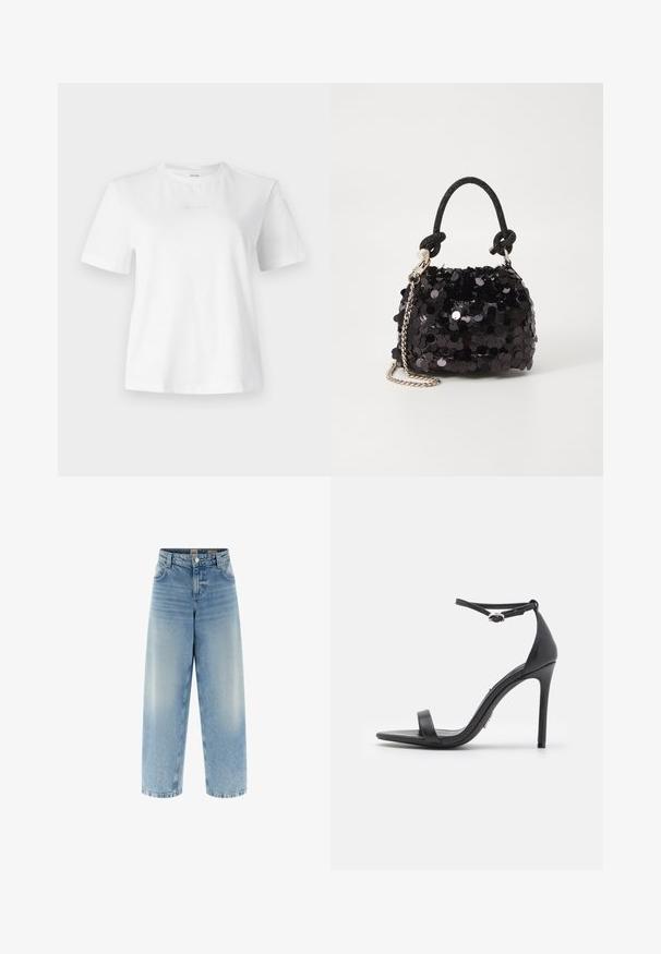 Biela bavlnená tričko s krátkymi rukávmi, okrúhlym výstrihom a jemne embosovaným logom Calvin Klein na prednej strane. Hladká textúra, klasický strih.; Džínsy s širokými nohavicami, modré, s vysokým pásom, svetlom umývané, s jemným vyblednutím, dvojitým šitím a zapínaním na gombík vpredu.; Čierne sandále na vysokom podpätku s otvorenou špičkou, tenkými remienkami a prackou na členku. Hladká kožená textúra s dizajnom so špicatou špičkou.; Čierna mini kabelka so štrasom, s uzlovým textúrovaným popruhom a strieborným reťazom. Guľatý tvar s riaseným vrchom a reflexnými detailmi.