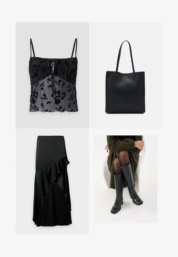 Črna kamica s tankimi naramnicami, z rožnatim vzorcem. Narejena iz prozornega blaga z temnejšimi rožnatimi teksturami, z nabranim delom pri prsih in povezavo.; Črna dolga krila z večplastnim dizajnom. Ima gladko teksturo z nabranim robom in prilegajočim pasom. Narejena iz lahkega materiala.; Črne usnjene čevlje do kolen s kvadratnim prstom in blok peto, prikazani na modelu, ki sedi v olivno zeleni plašču. Gladka tekstura, minimalne podrobnosti.; Črna usnjena torba s svilnato teksturo, pravokotne oblike in dvema dolgima ročajema. Brez vidnih metalnih delov ali okrasnih elementov.