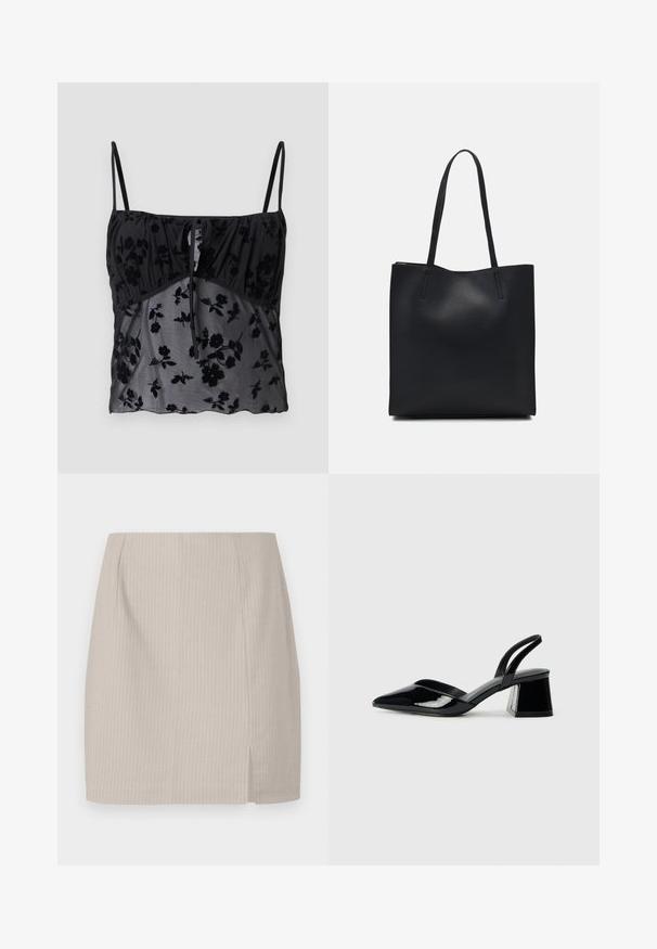 Haut cami noir avec des bretelles fines, arborant un motif floral. Fabriqué en tissu transparent avec des textures florales plus sombres, froncé au niveau de la poitrine avec un détail à nouer.; Jupe crayon beige avec une texture rayée, une coupe droite et une fente sur le côté pour plus de mouvement. Fabriquée en tissu léger.; Escarpins en cuir verni noir avec bout pointu et talon bloc géométrique. Présente un design élégant et minimaliste ainsi qu'une texture lisse.; Sac fourre-tout en cuir noir avec une texture lisse, de forme rectangulaire et deux longues poignées. Pas de matériel ou d'ornementations visibles.