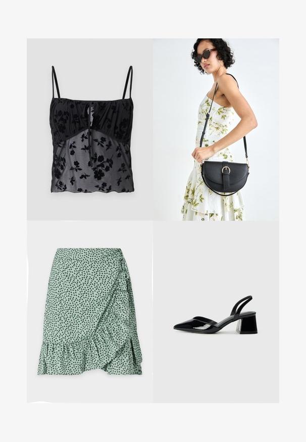 Mustriline mustusega must särk, millel on õhukesed rihmad ja lillemuster. Tehtud läbipaistvast kangast, tumedamate lillede tekstuuriga, kokku pandud rinna alt sidumisega detailiga.; Roheline kangast seelik, millel on mustade täppide muster, volangäär ja külgmine mähise disain. Sile tekstuur ja kerge materjal.; Mustad musta lakknahk kingad, millel on terav varvas ja geomeetriline plokkkonts. Omab elegantselt minimalistlikku disaini ja sujuvat tekstuuri.; Mustmust mustraha kõverate joontega, eemaldatava rihmaga ja kuldsete detailidega. Kotil on klapp, millel on pandladetail.