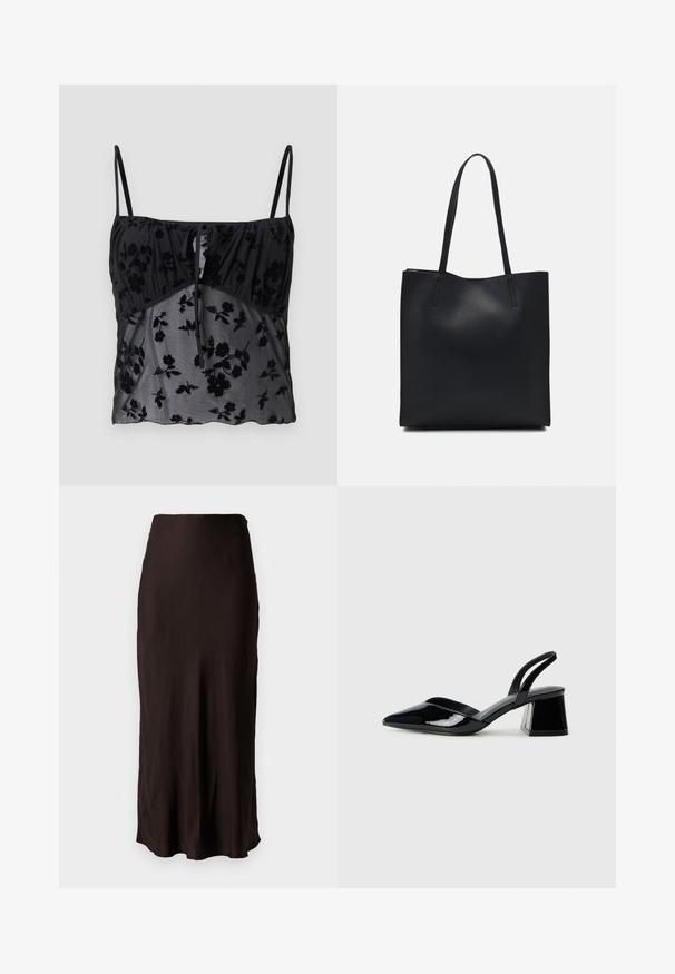 Mustriline mustusega must särk, millel on õhukesed rihmad ja lillemuster. Tehtud läbipaistvast kangast, tumedamate lillede tekstuuriga, kokku pandud rinna alt sidumisega detailiga.; Mustmust pikkusega seelik, mis on valmistatud siledast, kergest kangast, sirge lõike ja külgmise lõhiku ning lihtsa vöökoha detailiga.; Mustad musta lakknahk kingad, millel on terav varvas ja geomeetriline plokkkonts. Omab elegantselt minimalistlikku disaini ja sujuvat tekstuuri.; Mustast nahast kott sujuva tekstuuriga, ristkülikukujuline ja kahe pika sangaga. Pole nähtavat riistvara ega kaunistusi.