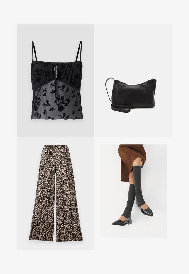 Juodas kamšalų viršus su plonomis petnešėlėmis, su gėlių raštu. Pagamintas iš permatomos medžiagos su tamsesniais gėlių raštais, surinktas ties krūtine su raiščio detalėmis.; Plati kojinės su elastinga juosmens juosta, smėlio ir rudos leopardų rašto, baltame fone.; Juodi lakuoti odiniai batai su aštriu kuma ir bloko kulnu, derinami su pilkais riebiais kojų šildytuvais ir rudais zomšiniais sijonais.; Juodas odinis petinis krepšys su lygiu paviršiumi, išlenkta forma, reguliuojama dirželiu ir užtrauktuku. Minimalistinis dizainas be puošmenų.