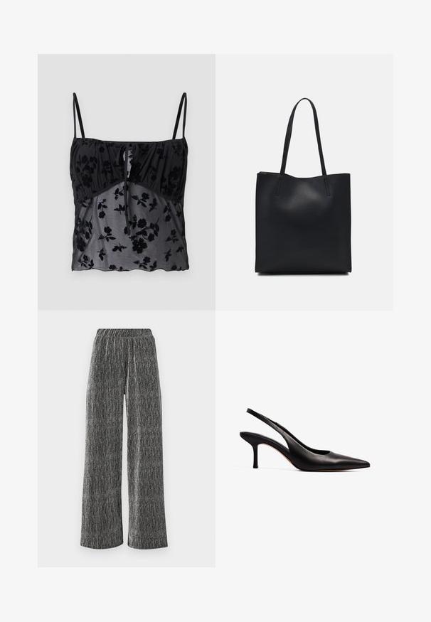 Čierne tielko s tenkými ramienkami, zdobené kvetinovým vzorom. Vyrobené z priesvitnej látky s tmavšími kvetinovými textúrami, zhromaždené v oblasti poprsia s viazačkou.; Široké nohavice z textúrovanej čiernej a striebornej látky s priliehavým elastickým pásom a vertikálnym pruhovaným vzorom.; NA-KD Klasické lodičky na opätku - black; Čierna kožená taška na rameno s hladkým povrchom, obdĺžnikovým tvarom a dvoma dlhými uchami. Bez viditeľného kovania alebo ozdôb.