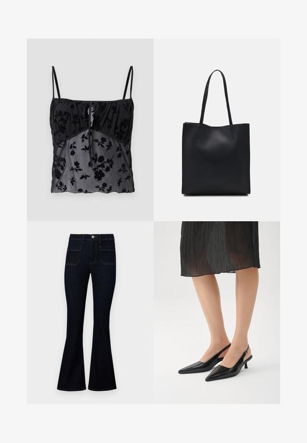 Musta camisole-toppi ohuilla hihnoilla, joka on kukkakuosisena. Valmistettu läpikuultavasta kankaasta, jossa on tummempia kukkatekstejä, rypytetty rinnan kohdalla nauhakiinnityksellä.; Tummansiniset leveälahkeiset farkut korkealla vyötäröllä, valmistettu denimistä, joissa on kaksi takataskua ja kontrastitikkaukset saumoissa.; Mustat kärjentörröslip-on-kengät, joissa on kiiltävä pinta, hoikka korko ja avonainen takamuotoilu. Pintamateriaalissa on teksturoitu kuvio.; Mustapahkainen kangaskassi, jossa on sileä pinta, suorakaiteen muotoinen ja kaksi pitkää kahvaa. Ei näkyvää metalliosaa tai koristeita.