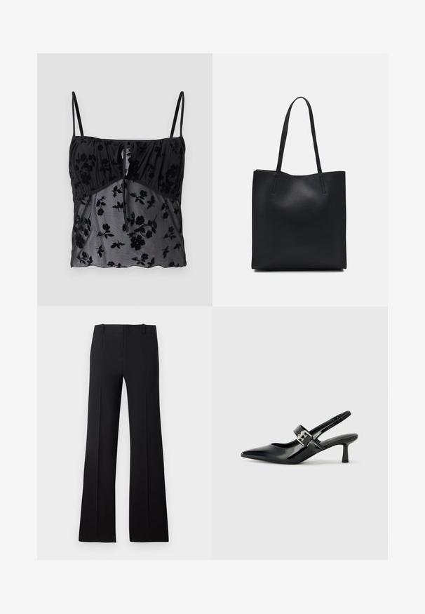 Svart cami-top med tynne stropper, med et blomsterprint. Laget av gjennomsiktig stoff med mørkere blomsterstrukturer, samlet ved brystet med en knytedetalj.; Sorte flared bukser med en glat tekstur, der har en skræddersyet talje, bæltesløjfer og et enkelt design, der strækker sig til en bred bund.; Svarte patent lær slingback hæler med spiss tå og en liten blokkheel, med en sølvspenne som detalj på stroppen.; Svart lær tote bag med glatt tekstur, rektangulær form og to lange håndtak. Ingen synlige deler eller dekorasjoner.