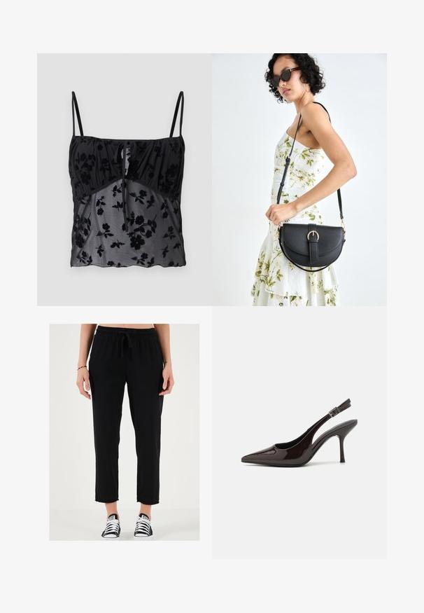 Juodas kamšalų viršus su plonomis petnešėlėmis, su gėlių raštu. Pagamintas iš permatomos medžiagos su tamsesniais gėlių raštais, surinktas ties krūtine su raiščio detalėmis.; Juodos sportinės kelnės su elastingu juosmeniu ir raišteliu, turinčios trumpesnį ilgį ir laisvą siluetą, derinamos su juodai baltais sportiniais bateliais.; Blizganti tamsiai ruda lakinės odos aukšto kulno bateliai, smailus nosis, atviros šoninės dalys ir reguliuojamas kulkšnies dirželis.; Juodas odinis krepšys su išlenkta forma, nuimamu dirželiu ir auksiniais detalėmis. Krepšys turi kilpą su sagtimi.