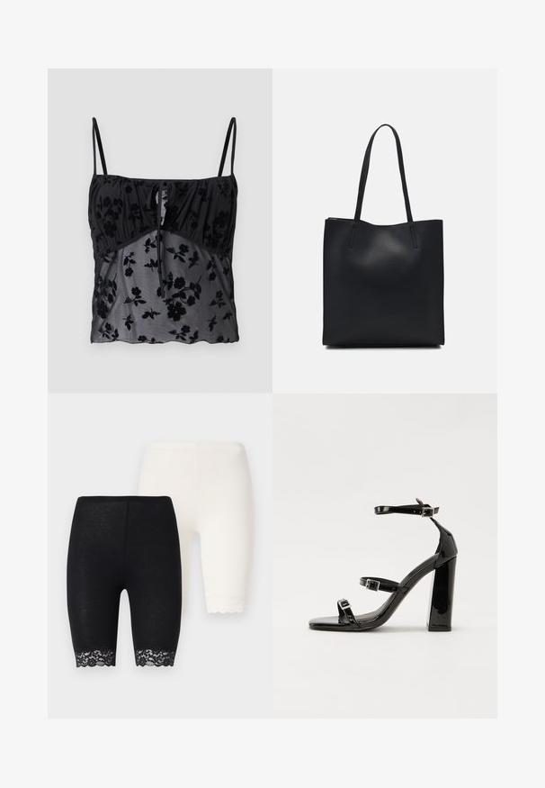 Juodas kamšalų viršus su plonomis petnešėlėmis, su gėlių raštu. Pagamintas iš permatomos medžiagos su tamsesniais gėlių raštais, surinktas ties krūtine su raiščio detalėmis.; Juoda ir balta tampri šortai su nėriniuotomis apatinėmis dalimis. Juoda pora turi gėlių nėrinių raštą, o balta pora turi vientisą apdailą.; Juoda blizgi lakuota basutė su kvadratiniu pirštu, kulkšnies dirželiais ir sidabro sagtimis. Yra tvirta blokinė kulno konstrukcija, užtikrinanti stabilumą.; Juodas odinis tote krepšys su lygia tekstūra, stačiakampio formos ir dviem ilgais rankenomis. Matomų metalinių detalių ar puošybos nėra.