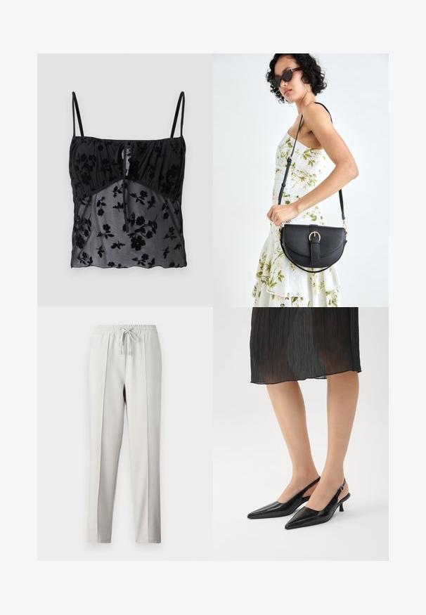 Fekete pántos top vékony pántokkal, virágmintával. Áttetsző anyagból készült, sötétebb virágmintás textúrákkal, a mellrésznél összegyűrve, kötődettel díszítve.; Világosszürke sportnadrág, rugalmas derékkal, húzózsinórral és oldalvarrásokkal. Simító anyagból készült, laza fit érdekében.; Fekete hegyes orrú szandálcipők fényes felülettel, vékony sarkal és nyitott hátsó kialakítással. Textúrázott minta a felső anyagon.; Fekete bőrtáska ívelt formával, levehető pánttal és arany színű fémrészekkel. A táskán egy csattal díszített fedél található.