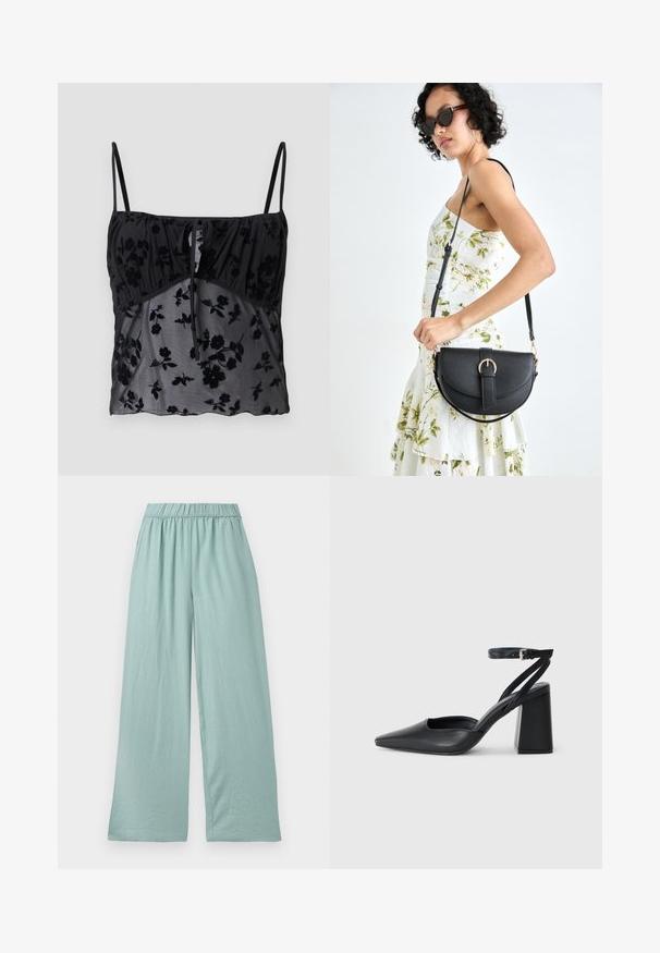 Black cami top with thin straps, featuring a floral pattern. Made of sheer fabric with darker floral textures, gathered at the bust with a tie detail.; Light green, wide-leg pants made of soft fabric, featuring an elastic waistband and subtle texture, designed for comfort and ease of movement.; Black leather pointy-toe pump with an ankle strap and a chunky heel. Flat texture, sleek design, and minimalistic aesthetics.; Black leather handbag with a curved shape, detachable strap, and gold hardware. The bag features a flap with a buckle detail.