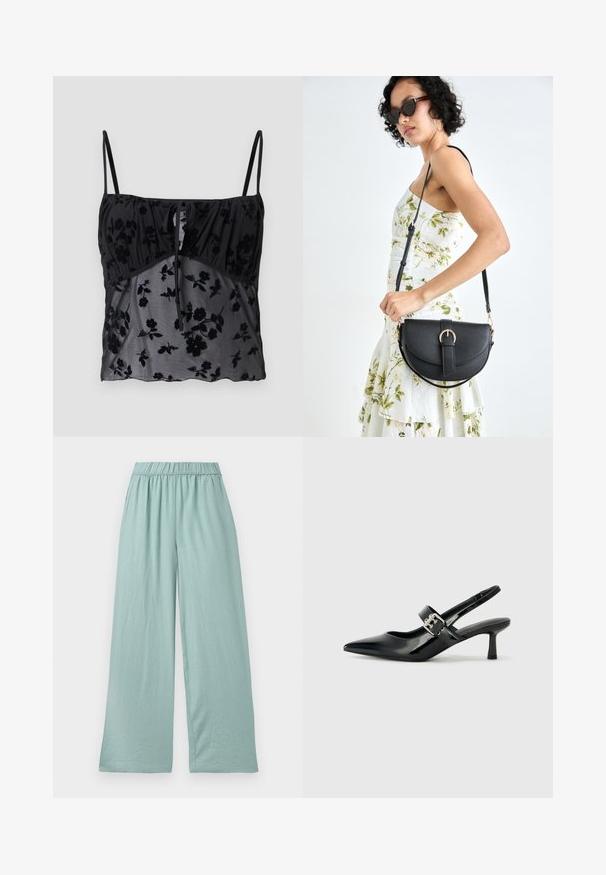 Melnā bezdelējo topa ar plānām siksniņām, kuram ir ziedu raksts. Izgatavots no caurspīdīgas auduma ar tumšākiem ziedu rakstiem, saplūcis krūšu daļā ar saišu detaļu.; Gaiši zaļi, platā kājā bikses, izgatavotas no mīkstas auduma, ar elastīgu jostu un smalku faktūru, paredzētas komfortam un brīvai kustībai.; Melnas lakotas ādas sūkņa kurpes ar norādītu purngali un mazu bloku papēdi, ar sudraba sprādzi akcentā uz jostas.; Melnas ādas rokassoma ar izliekta formu, noņemamu siksnu un zelta aksesuāriem. Somai ir vāciņš ar sprādzes detaļu.