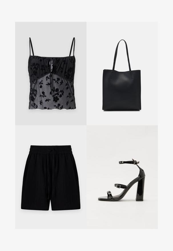 Top camicia nera con spalline sottili, caratterizzato da un motivo floreale. Realizzato in tessuto trasparente con texture floreali più scure, arricciato sul busto con un dettaglio a fiocco.; Pantaloni corti neri realizzati in un tessuto leggero con una vita regolabile tramite cordoncino, dotati di tasche laterali e una superficie testurizzata.; Sandali con tacco in vernice nera, con punta squadrata, cinturini alla caviglia e fibbie in argento. Presentano un tacco a blocco spesso per maggiore stabilità.; Borsa tote in pelle nera con texture liscia, forma rettangolare e due manici lunghi. Nessun hardware o decorazione visibile.