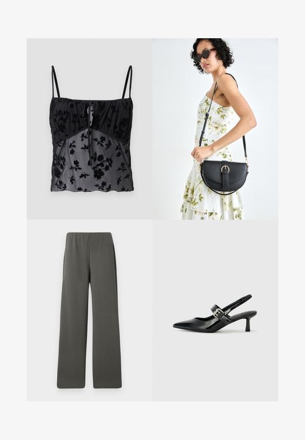 Zwarte cami-top met dunne bandjes, voorzien van een bloemenpatroon. Gemaakt van doorzichtig materiaal met donkere bloemtexturen, gathered bij de buste met een strikdetail.; Donkergrijze hoge taille wijde broek met een elastische tailleband, plat gelegd tegen een witte achtergrond.; Zwarte gepatineerde leren slingback hakken met een puntige neus en een kleine blokhak, met een zilveren gespaccent op de band.; Zwarte leren handtas met een gebogen vorm, afneembare schouderband en gouden hardware. De tas heeft een klep met een gespsluiting.