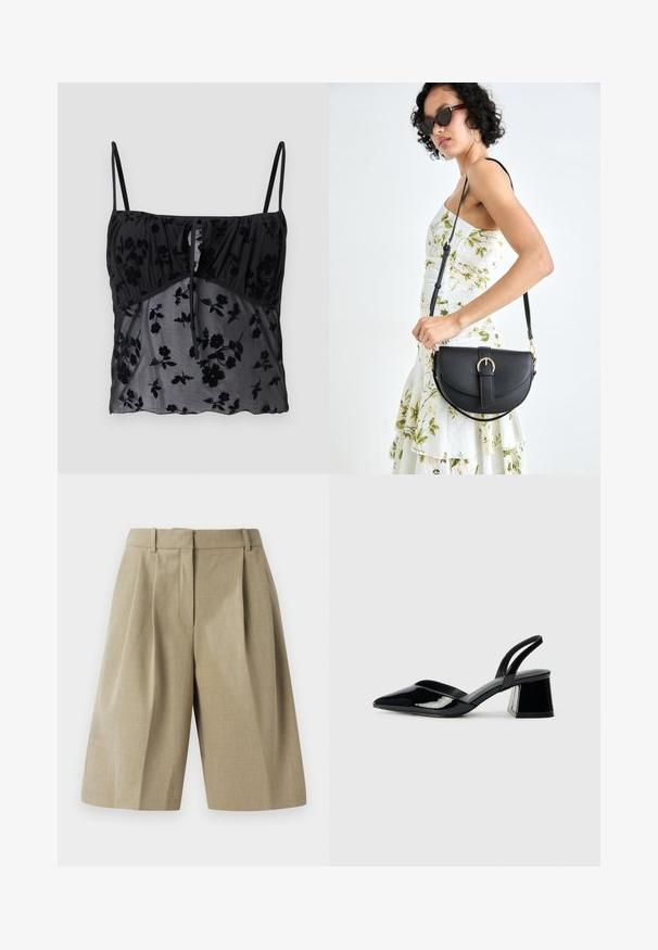 Čierne tielko s tenkými ramienkami, zdobené kvetinovým vzorom. Vyrobené z priesvitnej látky s tmavšími kvetinovými textúrami, zhromaždené v oblasti poprsia s viazačkou.; Bežové prispôsobené šortky s plisé dizajnom, vyrobené z ľahkej tkaniny. Majú pás a hlboké predné vrecká.; Čierne lakované kožené sandálové podpätky s špicatou špičkou a geometrickým blokovým podpätkom. Disponujú elegantným, minimalistickým dizajnom a hladkým povrchom.; Čierna kožená kabelka s zaobleným tvarom, odnímateľným popruhom a zlatými doplnkami. Kabelka má klopu s detailom s prackou.