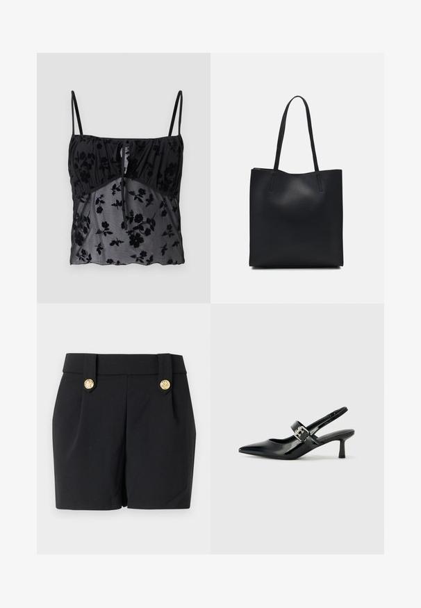 Zwarte cami-top met dunne bandjes, voorzien van een bloemenpatroon. Gemaakt van doorzichtig materiaal met donkere bloemtexturen, gathered bij de buste met een strikdetail.; Zwarte shorts met een op maat gemaakt ontwerp, voorzien van decoratieve knopen in goudkleur en een gladde textuur. Geen zakken of zichtbare naden.; Zwarte gepatineerde leren slingback hakken met een puntige neus en een kleine blokhak, met een zilveren gespaccent op de band.; Zwarte leren handtas met een gladde textuur, rechthoekige vorm en twee lange handvaten. Geen zichtbare hardware of versieringen.