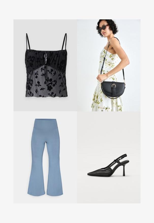 Black cami top with thin straps, featuring a floral pattern. Made of sheer fabric with darker floral textures, gathered at the bust with a tie detail.; Flared yoga pants in light blue, made from stretchy fabric. High waistband and smooth texture, tapering to wider hems at the ankles.; Black slingback heels with pointed toe, mesh material, and slender ankle strap. Features a thin stiletto heel and cut-out design.; Black leather handbag with a curved shape, detachable strap, and gold hardware. The bag features a flap with a buckle detail.