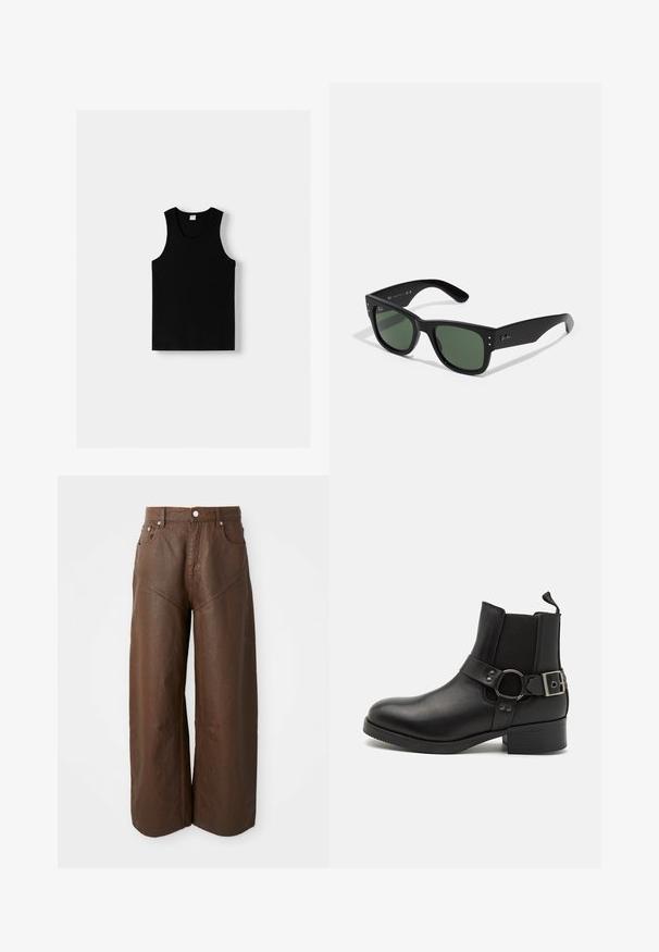 Črn majica na bretele z okroglim izrezom in širokimi naramnicami. Narejena je iz mehkega materiala, z gladko teksturo in preprostim dizajnom.; Široke usnjene hlače v rjavi barvi z petimi žepi in gumbnim zapiranjem, prikazane na enobarvni beli podlagi.; Steve Madden ANTONN - Gležnjar v kavbojskem in motorističnem slogu - black; Črne pravokotne sončna očala z zelenimi lečami, mat površino, subtilnimi kovinskimi detajli in embosiranim logotipom na drsniku.