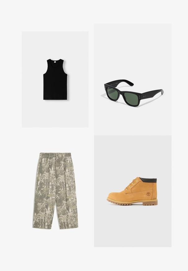 Black tank top with a rounded neckline and wide shoulder straps. Made of soft fabric, featuring a smooth texture and simple design.; Cargo pants with wide legs in green and beige camouflage leaf and bark pattern, featuring front pockets and belt loops.; Tan leather mid-top boots with round toe, brown accents, yellow metal eyelets, and a rugged sole. Timberland logo embossed on side.; Black rectangular sunglasses with green lenses, matte finish, subtle hardware accents, and embossed logo on the temple.; Olive green tote bag with dual handles and an adjustable shoulder strap. Features a main zippered compartment and a front zipper pocket.