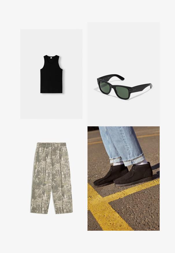 Top nero senza maniche con scollatura rotonda e spalline larghe. Realizzato in tessuto morbido, presenta una superficie liscia e un design semplice.; Pantaloni cargo con gambe larghe in un motivo mimetico verde e beige a foglie e cortecce, dotati di tasche frontali e passanti per cintura.; Stivaletti neri in suede con una superficie liscia, punta arrotondata e dettagli cuciti. Abbinati a jeans blu chiaro con risvolto e calzini bianchi.; Occhiali da sole neri rettangolari con lenti verdi, finitura opaca, dettagli hardware discreti e logo impresso sulla tempia.; Borsa a tracolla verde oliva con doppie maniglie e una tracolla regolabile. Presenta un compartimento principale con zip e una tasca frontale con zip.