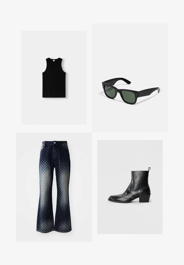 Črn majica na bretele z okroglim izrezom in širokimi naramnicami. Narejena je iz mehkega materiala, z gladko teksturo in preprostim dizajnom.; Razširjene kavbojke iz jeansa z temno do svetli ombre karirastim vzorcem, ki vključujejo zadrgo, klasičen dizajn s petimi žepi in srebrne kovinske dodatke.; Črne usnjene gležnjarje s kvadratnim nosom, dekorativnim šivanjem in nizko blokasto peto. Imajo zanko za enostavno obuvanje.; Črne pravokotne sončna očala z zelenimi lečami, mat površino, subtilnimi kovinskimi detajli in embosiranim logotipom na drsniku.