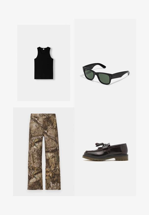 Débardeur noir à encolure arrondie et bretelles larges. Fabriqué en tissu doux, présentant une texture lisse et un design simple.; Pantalons à imprimé camouflage marron, avec une coupe large et une taille élastique. Le matériau ressemble à l'écorce d'arbre texturée avec des accents de feuilles.; Mocassins en cuir marron avec un design tressé, détail de frange et une semelle en caoutchouc plate. Dotés d'une finition lisse et de coutures contrastées.; Lunettes de soleil rectangulaires noires avec verres verts, finition mate, accents matériels subtils et logo en relief sur la branche.; Sac fourre-tout vert olive avec double poignée et une bandoulière réglable. Il dispose d'un compartiment principal zippé et d'une poche zippée à l'avant.
