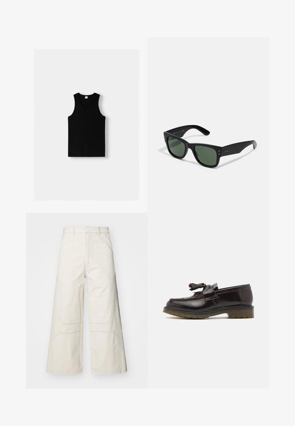 Zwarte tanktop met een ronde halslijn en brede schouderbanden. Gemaakt van zachte stof, met een gladde textuur en een eenvoudig ontwerp.; A-COLD-WALL* FORMAT PANT - Broek - beige bone; Bruine leren instappers met een geweven ontwerp, een kwastje en een platte rubberen zool. Beschikt over een gladde afwerking en contrasterende stiksels.; Zwarte rechthoekige zonnebril met groene lenzen, matte afwerking, subtiele hardwareaccenten en een gegraveerd logo op de slaap.