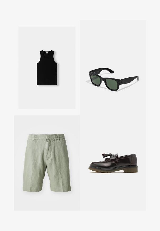 Musta toppi, jossa on pyöreä kaula-aukko ja leveät olkaimet. Valmistettu pehmeästä kankaasta, joka on sileä ja yksinkertainen muotoilu.; Vaaleanvihreät pellavashortsit, joissa on rento istuvuus, joustava vyötärö ja kaksi etutaskua. Sujuva tekstuuri, jossa on rento muotoilu.; Ruske nahkate loafere z woveno zasnovo, z detajlom v obliki resic in ravnim gumijastim podplatom. Imajo gladek zaključek in kontrastno šivanje.; Mustat suorakulmaiset aurinkolasit vihreillä linsseillä, mattapinta, hienovaraiset metalliosat ja kohokuvioitu logo sankassa.