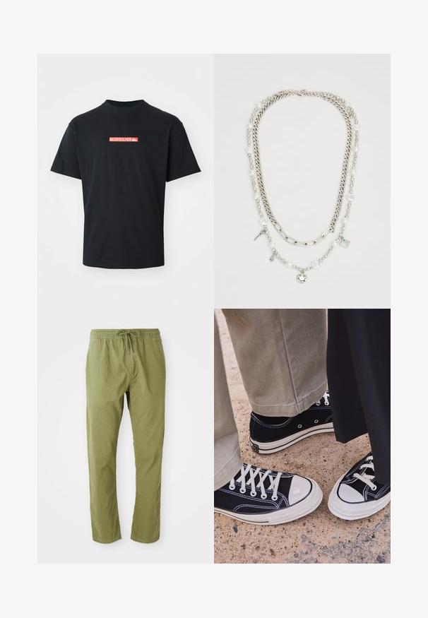 Czarna krótko rękawowa koszulka z małym czerwono-białym logo Quiksilver na piersi, zaprezentowana na jednolitym białym tle.; Olive kolor, luźne spodnie z elastycznym pasem i sznurkiem. Wykonane z miękkiego materiału o gładkiej teksturze i prostych nogawkach.; Czarne płócienne trampki z białymi gumowymi czubkami i sznurówkami. Kontrastowe przeszycia i metalowe oczka dodają szczegółów. Noszone z beżowymi spodniami i czarnym materiałem.; Wielowarstwowy naszyjnik z srebrnych łańcuchów i perełek z zawieszkami, w tym kluczami i kwadratowym wisiorkiem. Gładka faktura o błyszczącym wykończeniu.