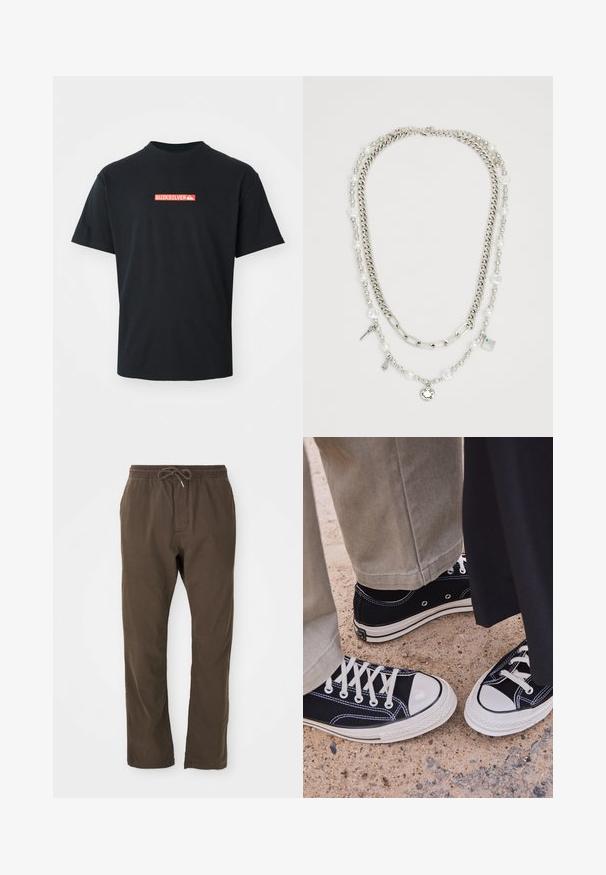 Must mustaheline t-särk lühikeste varrukatega, millel on rindkeres keskel punane ja valge Quiksilveri logo, esitatud lihtsal valgel taustal.; Pruunid mugavad püksid, millel on elastne vöökoht ja nöör, sirge lõikega, sobivad igapäevaseks kandmiseks.; Mustad musta kanvaasi sneakers, valgete kummist varbakatete ja paeltega. Kontrastne tikand ja metallist silmad lisavad detaile. Kantakse beežide pükstega ja musta kangaga.; Mitme kihiga kaelakee, mis sisaldab hõbedasi ahelad ja pärlihelmed koos võlude ja ruudukujulise ripatsiga, sealhulgas võtmed. Sile tekstuur ja läikiv viimistlus.