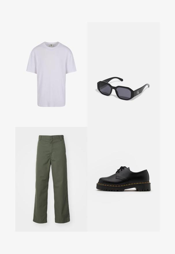 Balta kokvilnas T-kreklā ar apaļu kaklu, īsām piedurknēm un brīvu piegriezumu. Gluda tekstūra, bez rakstiem un minimālistisks dizains.; Olivza zaļa taisnu kāju bikses, izgatavotas no kokvilnas. Raksturo gluda tekstūra, plakana priekšpuse un standarta jostasvieta ar jostām.; Melnas ādas kurpes ar saistēm, noapaļota purngalu, ar teksturētu gumijas zoli un dzeltenu šuvju ap malu. Plakana forma un gluda apdare.; Melni saulesbrilles ar astoņstūra rāmjiem, tumšiem objektīviem, spīdīgu plastmasas materiālu un sudraba logotipu akcentu vienā pusē.