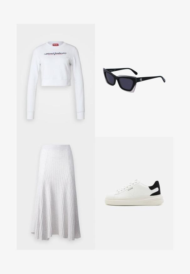Valge lühiülikond, mis on valmistatud puuvillast, pikkade varrukatega ja ümmarguse kaelusega. Prinditud tekst tumesinises ja roosas: "Diesel Industry Denim Division."; pure cashmere FLARED SKIRT - A-lõikeline seelik - light grey; Valged nahast tennisetossud paksu valge tallaga, musta sametist kontsakeeuga ja külje peal riigilogo reljeefne kujundus. Lukkeskeem kuue silmaauguga.; Mustad suured mustad prillid geomeetrilise kujuga, tumedate läätsedega ja kontrastse halli detailiga raamidel. Logo käe peal.; Hõbedased rõngaskõrvarõngad, millel on sile ja läikiv pind. Ümar kuju, kerge disain, millel on post-tagumise kinnituse süsteem.