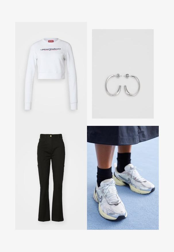 Biała krótk cropped bluza wykonana z bawełny, z długimi rękawami i okrągłym dekoltem. Nadruk w granatowym i różowym: "Diesel Industry Denim Division".; Czarne spodnie cargo wykonane z wytrzymałego materiału, z dopasowaną talią, rozszerzającymi się nogawkami oraz dwoma bocznymi kieszeniami dla wygody.; Białe i srebrne sneakersy Nike z siateczkowym materiałem, odblaskowymi akcentami i beżową podeszwą. Noszone z czarnymi skarpetkami, stojące na niebieskiej powierzchni.; Srebrne kolczyki na biglu o gładkim, błyszczącym wykończeniu. O zaokrąglonym kształcie, lekkim designie, z zamknięciem na zatrzask.