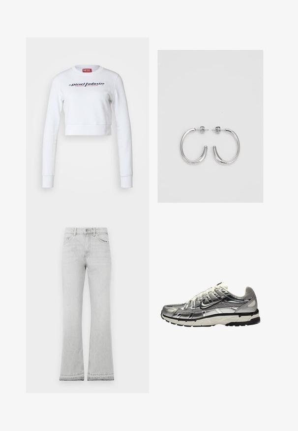 Biele skrátené mikina vyrobená z bavlny, s dlhými rukávmi a okrúhlym výstrihom. Na prednej strane je potlač v námorníckej modrej a ružovej farbe: "Diesel Industry Denim Division."; Svetlošedé rozšírené džíny s vysokým pásom, ktoré majú vrecká, zapínanie na gombík a surový lem. Vyrobené z denimovej látky s hladkou textúrou.; Strieborná a čierna športová obuv s vrchnou časťou z mäkkej textílie a syntetického materiálu, objemový dizajn a textúrovaný povrch. Obsahuje polstrovaný golier a gumovú podrážku.; Strieborné kruhové náušnice s hladkým a lesklým povrchom. Okrúhly tvar, ľahký dizajn, s uzáverom na kolík.