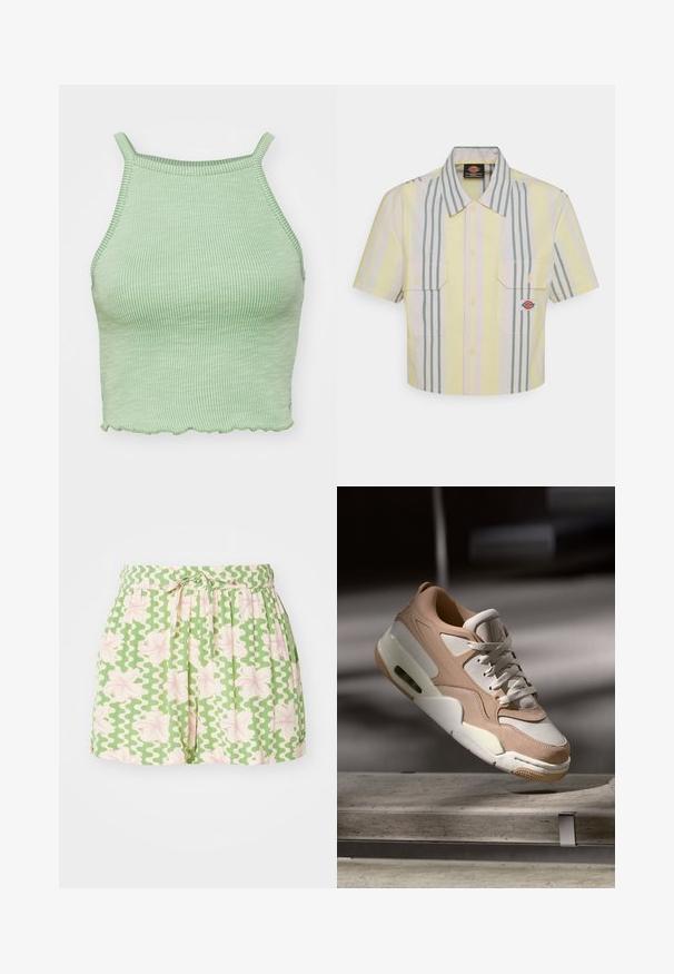 Green ribbed crop top with thin straps, featuring a scalloped hem and a textured fabric. No prominent hardware or patterns.; Cropped short-sleeve shirt in light yellow with vertical green and pastel stripes. Features two chest pockets and a logo patch on the left pocket.; Green shorts with white wavy pattern and pink floral accents. Features an elastic waistband and adjustable tie. Made from lightweight fabric.; Beige and white sneaker with a smooth leather and suede finish, featuring a padded tongue, lace-up front, and visible air cushioning unit.