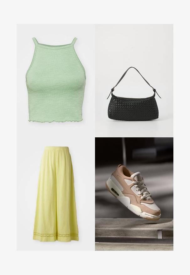 Top corto verde a coste con spalline sottili, caratterizzato da un orlo a onde e un tessuto testurizzato. Nessun hardware o motivo prominente.; Pantaloni gialli a gamba larga realizzati in tessuto texturizzato con vita elastica. Presentano un dettaglio a uncinetto all'orlo.; Sneaker beige e bianca con finitura in pelle liscia e suede, dotata di linguetta imbottita, chiusura con lacci e unità di ammortizzazione ad aria visibile.; Borsa a spalla nera intrecciata con tracolla in pelle liscia e chiusura con zip. Presenta una superficie texturizzata e una forma curvata.