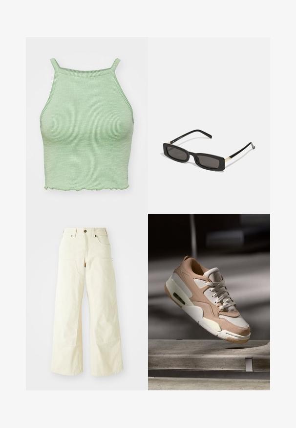 Groene geribbelde crop top met dunne bandjes, voorzien van een geschulpte zoom en een gestructureerde stof. Geen opvallende hardware of patronen.; Beige wijde broekspijpen van katoen, met een hoge taille, grote zijzakken en een gladde textuur met minimale stikdetails.; Beige en witte sneaker met een gladde leren en suède afwerking, met een gevoerde tong, vetersluiting aan de voorkant en een zichtbare luchtkusseneenheid.; Zwarte rechthoekige zonnebril met donkere lenzen, glanzende plastic monturen en gouden accenten op de slapen. Minimalistisch ontwerp en elegante vorm.