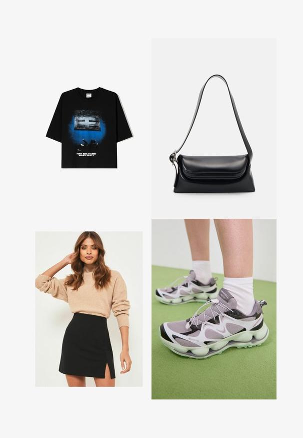 T-shirt nera oversize con maniche corte, caratterizzata da una stampa grafica in blu e bianco con la scritta "HIT ME HARD AND SOFT" sul davanti.; Maglione beige a maglia con polsini a coste abbinato a una mini gonna nera con uno spacco laterale. L'outfit presenta una silhouette rilassata ma aderente.; Scarpe sportive GORE-TEX di colore viola chiaro, con una tomaia in rete testurizzata, accenti neri e una suola scolpita. Presentano lacci elastici e un colletto imbottito.; Borsa a tracolla nera in pelle con una forma strutturata, una texture liscia e una singola tracolla. Presenta un design a patta arrotondata e discreta.; Orologio Casio al quarzo argento con quadrante rettangolare, display analogico e digitale, bracciale in acciaio inossidabile e caratteristiche di resistenza all'acqua.