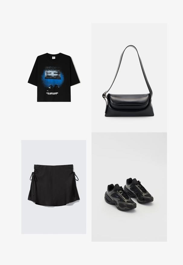 Črna oversize majica s kratkimi rokavi, ki na sprednji strani nosi grafični tisk v modri in beli barvi z napisom "UDARI ME MOČNO IN NEŽNO".; Črna krila z gladko teksturo, nastavljive vezalke na vsaki strani, rahlo razširjen rob in lahka tkanina.; Črne atletske čevlje iz sintetičnega materiala, z mrežnimi dodatki in zaobljenimi podplati. Imajo sistem vezanja in izrazit Nike logotip na ježku.; Črna usnjena torbica z oblikovano strukturo, gladko teksturo in eno naramnico. Opremljena je z diskretnim, zaobljenim pokrovom.; Srebrna Casio quartz ura s pravokotno/png-iskonsko obliko, analogno in digitalno prikazovanje, jekleni pas in vodoodporne funkcije.