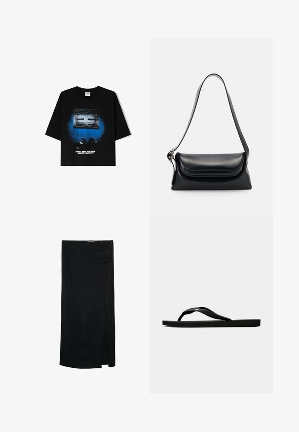 Schwarzes oversized T-Shirt mit kurzen Ärmeln, das auf der Vorderseite einen grafischen Druck in Blau und Weiß mit der Aufschrift "HIT ME HARD AND SOFT" zeigt.; Schwarzer, knielanger Rock mit einem seitlichen Schlitz, aus einem leichten Stoff mit glatter Textur und schlichtem Design. Reißverschlussverschluss an der Taille.; Schwarze Gummi-Flip-Flop-Sandale mit einem strukturierten Riemen und einfacher flacher Sohle, von der Seite auf einem schlichten hellen Hintergrund dargestellt.; Schwarze Lederhandtasche mit strukturiertem Design, glatter Textur und einem einzelnen Schulterriemen. Verfügt über ein dezentes, abgerundetes Klappendesign.