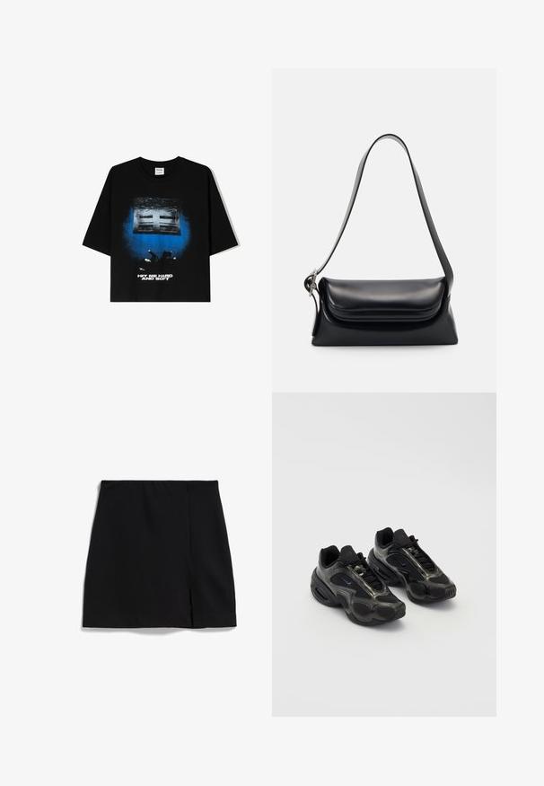 Zwart oversized t-shirt met korte mouwen, voorzien van een grafische print in blauw en wit met de tekst "HIT ME HARD AND SOFT" op de voorkant.; Zwarte mini-jurk gemaakt van gladde stof, met een zijsplit en een elastische tailleband voor comfort. Eenvoudig, gestroomlijnd ontwerp.; Zwarte sportieve schoenen van synthetisch materiaal, met gaasaccenten en ronde zolen. Beschikt over een vetersysteem en een opvallend Nike-logo op de tong.; Zwarte leren handtas met een gestructureerde vorm, een gladde textuur en een enkele schouderband. Heeft een subtiele, afgeronde klepontwerp.; Zilverkleurige Casio kwarts horloge met rechthoekige wijzerplaat, analoge en digitale displays, roestvrijstalen band en waterbestendige eigenschappen.