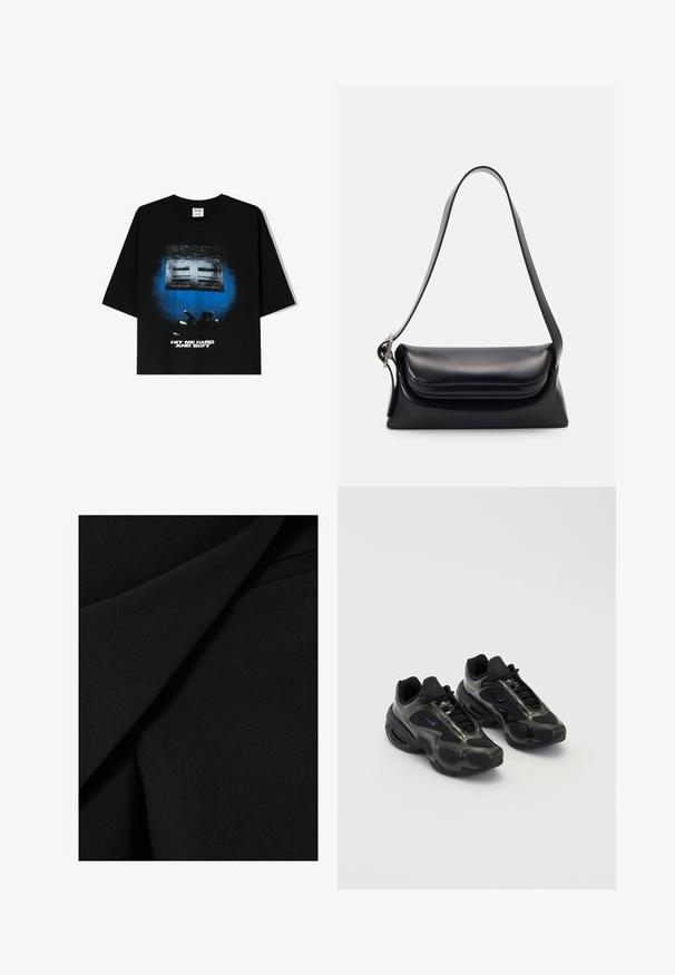 T-shirt noir oversize à manches courtes, avec un imprimé graphique en bleu et blanc indiquant "HIT ME HARD AND SOFT" sur le devant.; Tissu noir présentant une texture lisse et mate avec des plis superposés et un design structuré, créant une apparence épurée.; Chaussures de sport noires en matériau synthétique, avec des accents en mesh et des semelles arrondies. Équipées d'un système de laçage et d'un logo Nike bien visible sur la languette.; Sac à main en cuir noir avec une forme structurée, une texture lisse et une seule bandoulière. Présente un design de rabat arrondi et subtil.; Montre à quartz Casio argentée avec un cadran rectangulaire, affichages analogiques et numériques, bracelet en acier inoxydable et caractéristiques de résistance à l'eau.