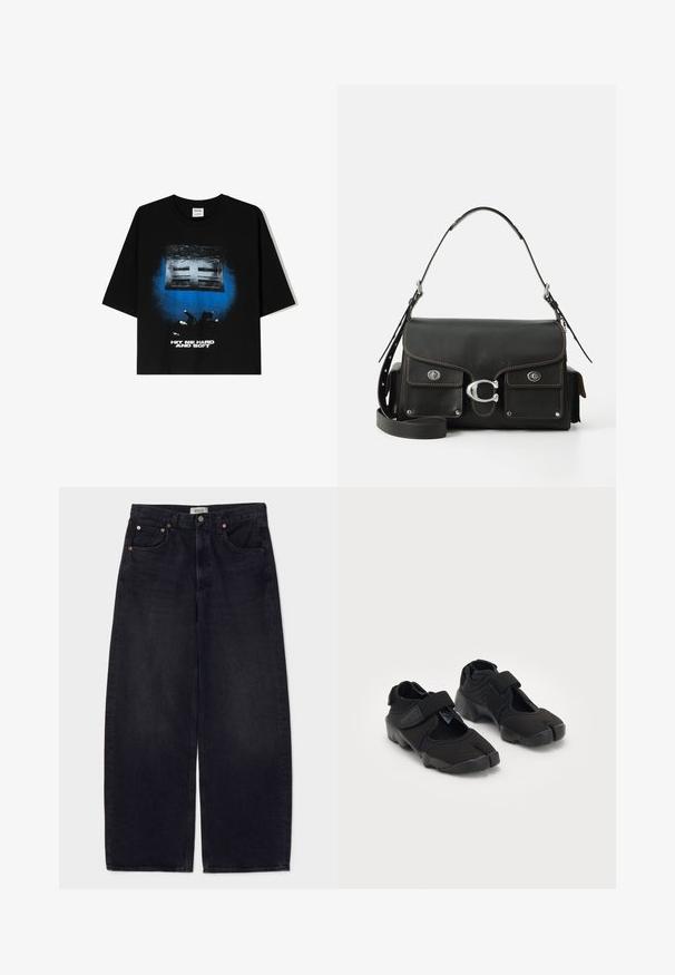 Musta yliotettu t-paita lyhyillä hihoilla, jossa on sinivalkoinen graafinen painatus edessä tekstillä "HIT ME HARD AND SOFT".; Löysät mustat farkut, joissa on kuparinväriset napit, kaksi etutaskua ja sileä pinta. Siisti muotoilu suoran leikkauksen avulla.; Mustat vesikengät, jotka on valmistettu joustavasta kankaasta ja joissa on tarranauha, erottuva halkaistun varpaan muotoilu sekä teksturoitu kumipohja pitävää otetta varten.; Mustat nahkakäsilaukku, jossa on läppäkiinnitys, hopeiset metalliosat, kaksi etutaskua, kontrastivärinen ompelu ja irrotettava olkahihna.; Hopeakotoinen Casio kvartsikello, jossa on suorakaiteen muotoinen kellotaulu, analoogiset ja digitaaliset näytöt, ruostumattomasta teräksestä valmistettu ranneke sekä vedenkestävyysominaisuudet.