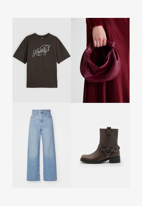 Temno rjava majica s kratkimi rokavi iz bombaža z belo izvezeno napisom "Howdy" in majhnim rdečim oznako ob strani. Oblika s krožnim izrezom.; Svetlo modri visokorasli široki traper hlače z sprednjim gumbom in zadrgo, sprednjimi in zadnjimi žepi, na belem ozadju.; Rjavi sintetični gležnjar z ravnim podplatom, ki ima okrasni trak in podrobnosti z zaponko, gladko teksturo in dizajn zaokroženega nosu.; Bordo usnjeni ročni torbici s mehak, nabrana zasnova in okrogla oblika. Ročaj je varen in prikazuje gladko teksturo.