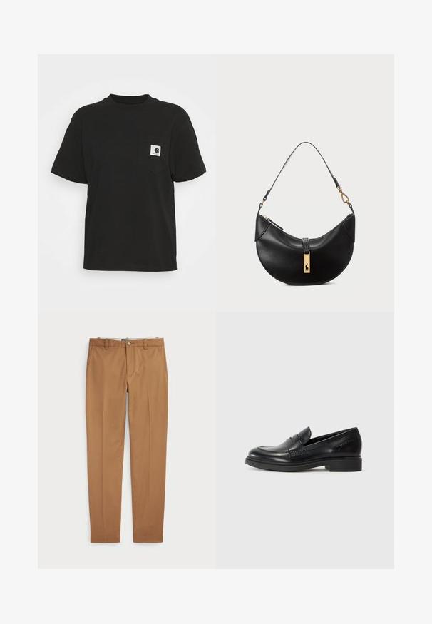 Tricou din bumbac negru cu mâneci scurte, guler rotund și un buzunar frontal cu un logo pătrat alb și negru.; Pantaloni din bumbac maro cu un design slim-fit, față plată și buzunare standard; textură netedă și tivuri finisate.; Mocasini din piele neagră cu vârful rotund, detalii cusute și toc jos de tip bloc. Textură netedă, fără modele sau accente vizibile.; Geantă de piele neagră în formă de jumătate de lună. Dispune de un accent din metal auriu și o curea îngustă. Textură netedă, închidere cu fermoar în partea de sus.