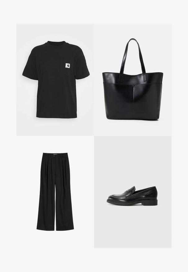 Zwarte katoenen T-shirt met korte mouwen, ronde hals en een voorzak met een vierkant logo in wit en zwart.; Zwarte wijde broek van gladde stof, met voorplooien, een knoopsluiting en gestikte taillebanddetails.; Zwarte leren instappers met een ronde neus, gestikte details en een lage blokhak. Een gladde textuur zonder zichtbare patronen of accenten.; Zwarte leren tote bag met twee lange handvatten, een zachte textuur en een gestructureerde vorm. Voorzien van een voorvak voor extra opslagruimte.