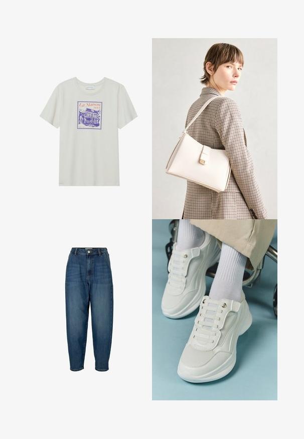 Krämfärgad bomullströja med en lila och orange grafik av ett hotell, inramad inom en frimärksliknande kant. Korta ärmar, rund nacke.; Högmidjade blå denimjeans med avslappnad passform, som har framfickor, dragkedja och subtila blekningar på tyget.; Vita sneakers med nätmaterial, gummisula, snörningsfri design med elastiska band och guldfärgade detaljer.; Vit läderhandväska med en strukturerad design, med en magnetknäppning och en axelrem, visad mot en neutral bakgrund.