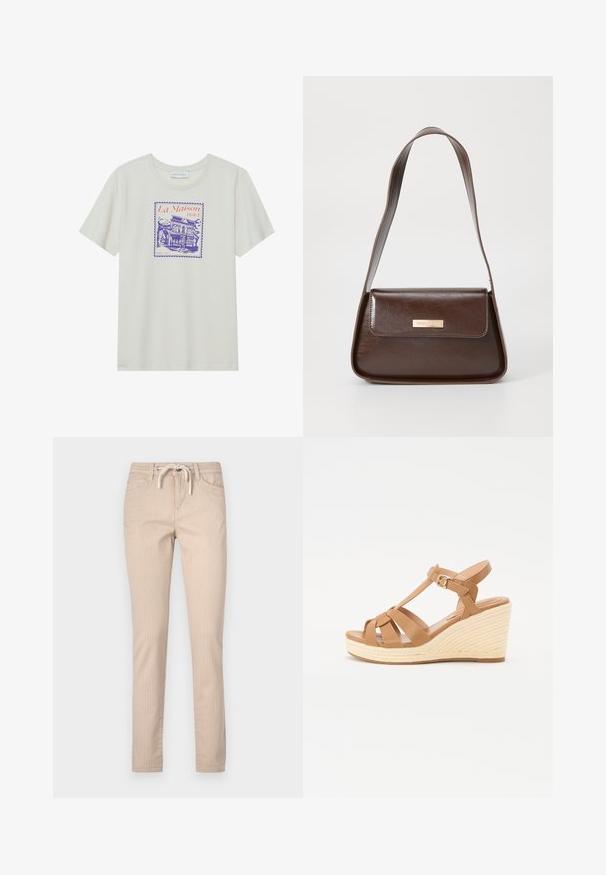 Cream-colored cotton t-shirt featuring a purple and orange graphic of a hotel, framed within a stamp-like border. Short sleeves, round neckline.; Beige striped cotton trousers with a drawstring waist, tapered legs, and two front pockets. Smooth texture, casual design.; Tan wedge sandals featuring a cross-strap design, adjustable ankle buckle, and a textured woven espadrille-style wedge.; Brown leather shoulder bag with a structured shape, featuring a magnetic flap closure and a metallic logo accent on the front.